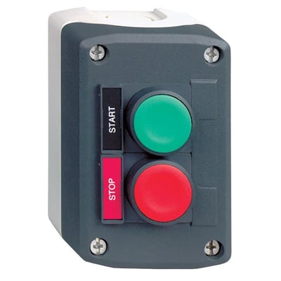 Detaljeret billede af Schneider Electric trykknapkasse med tydelig mærkning og knapper, komplet til industriel brug.