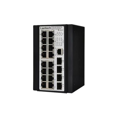 Lantech IPGS-3416DSFPM managed switch med 16 10/100/1000T PoE at porte og 4 Dual Speed SFP porte, vist på hvid baggrund.