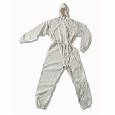 Bagfra af naturfarvet bomulds malerdragt i størrelse 2XL, viser den fulde beklædning med hætte og lynlås foran.