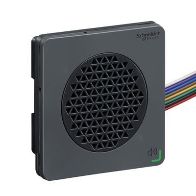 Schneider Electric sort DIN72 lydenhed med PNP input og 12-24VDC forsyning, vist med et trekantet højttalermønster og tilslutningskabler.