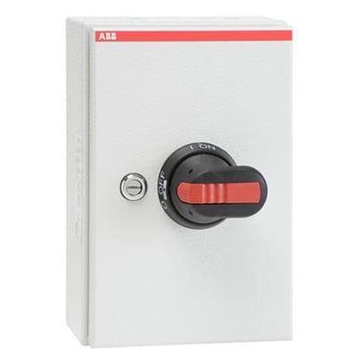 ABB 6-polet sikkerhedsafbryder i robust metalhus med sort drejegreb og lås, klar til montering.