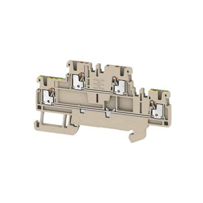 Beige Weidmüller A2T 1.5 FT-PE gennemgangsklemme med PUSH IN-terminaler set skråt forfra.