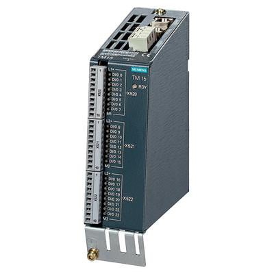 Siemens Sinamics TM15 terminalmodul med 24 digitale ind- og udgange (DI/O), 24 V DC, på en neutral grå baggrund.