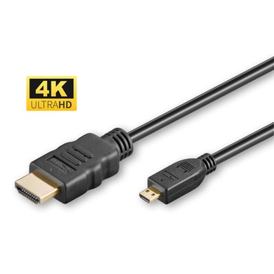 MicroConnect HDMI 1.4 A-D-kabel på 2 meter med sort kabel, guldbelagte HDMI- og micro-HDMI-stik samt 4K Ultra HD-mærkning.