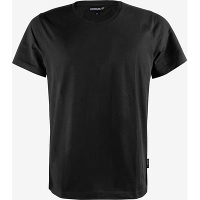 Fristads sort T-shirt i økologisk bomuld med rund hals og en lille logoetiket på højre side. Modellen er i størrelse XXL og har en vægt på 180 g/m².