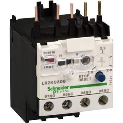 Schneider Electric termorelæ i hvid og mørkegrå plast med mærkat LR2K0308, justeringshjul og reset-knap.