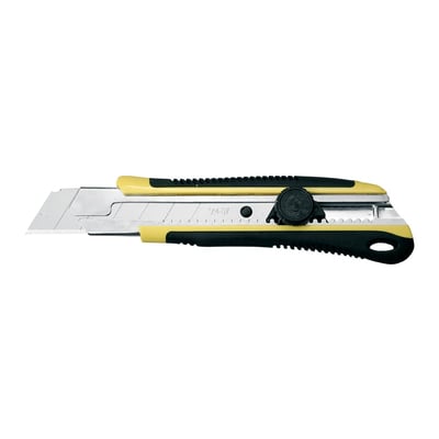 Tajima Assist kniv med 25 mm blad, skruelås og sort/gul gummigreb, der giver et sikkert greb.