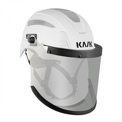 Kask ARC ERGO-visir med gennemsigtigt helansigtsværn monteret på en hvid hjelm.