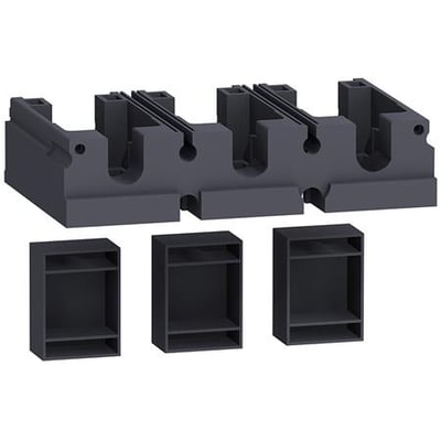 Schneider Electric adapter til 3P plug-in klemmeafdækning til NSX 400-630, grå plast, vist med tre mindre dæksler.