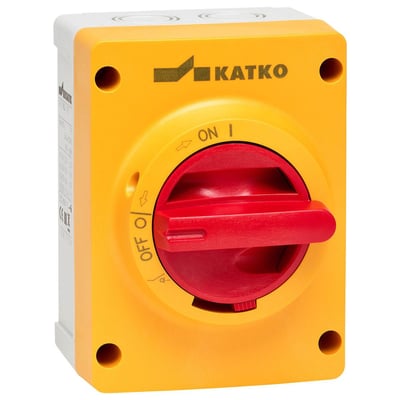 Frontvisning af MTO Electric Katko 4-polet sikkerhedsafbryder 16A IP66, med KATKO logo og oplåsning af håndtag.