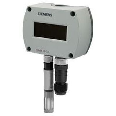 Siemens QFA4171D rumføler til fugt- og temperaturmåling med 4-20mA udgang og display. Grå plastikhus med et tydeligt display og en sensorstang.