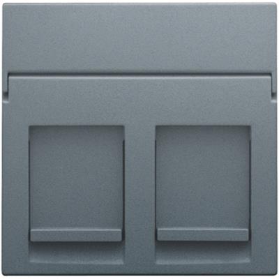 Nærbillede af Niko afdækning til 2xRJ45 dataudtag i steel grey coated, med synlig låge og tekstfelt.