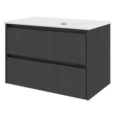 Sanibell Proline møbelsæt i sort eg, 81x46 cm, med to grebsfrie softclose skuffer og hvid porcelænsvask uden hanehul.