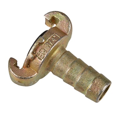Klokobling med 5/8" slangestuds og gummipakning i guldbelagt metal med indgraveret tekst.