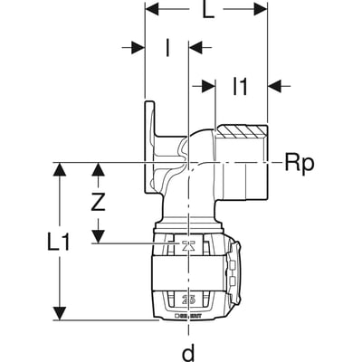 Teknisk tegning af Geberit FlowFit dækvinkel 90°, 20mm x ½", med dimensioner og detaljer angivet.