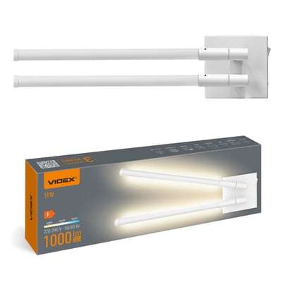 Hvid Videx LED-lampe med to lysarme vist over emballagen; æsken fremhæver lampens 10 W og 1000 lumen.