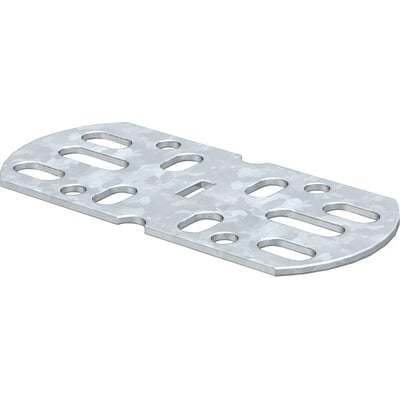 Nærbillede af OBO Bettermann VF akz lige kobling i galvaniseret stål, 45x100mm, der viser mange ovale og runde monteringshuller.