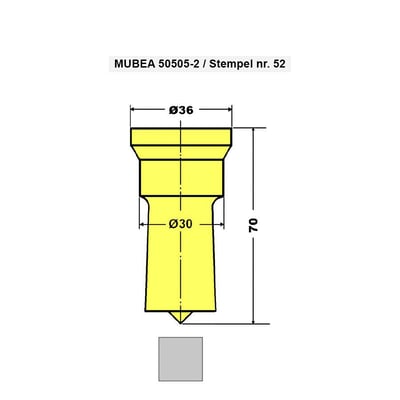 Teknisk tegning af Mubea stempel 4KT med dimensioner: ø36mm top, ø30mm midte og 70mm længde.
