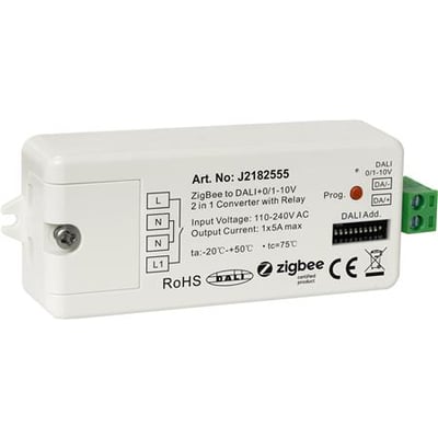 Hvid Jumitech Zigbee Dali modtager med indbygget strømforsyning, mærket J2182555, med DIP-switche og grønne DALI tilslutningsklemmer.