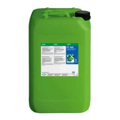 Bio-Circle FT 100 rengøringsmiddel 20 liters grøn dunk med sort skruelåg og etiket på hvid baggrund.