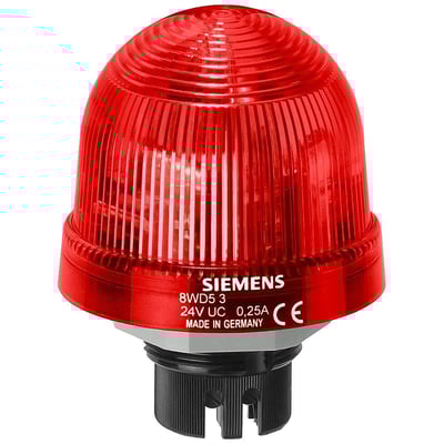 Siemens signallampe 8WD53 med enkelt blitzlys, 24V, rød, 70 mm diameter, med CE-mærke og produktinformation trykt på basen.