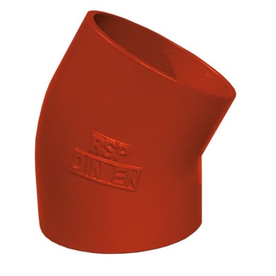 Rød SML bøjning i støbejern til afløbssystemer, 83 mm diameter og 30° vinkel, med præget mærke.