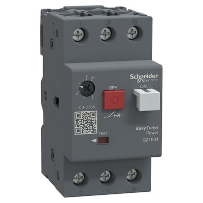 Schneider Electric Easy TeSys Power GZ1E04 motorværn med tre poler, skrueklemmer og indstillingsområde på 0,40–0,63 A.