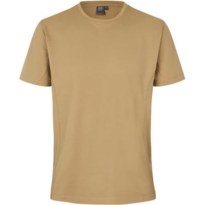 ID Identity t-shirt i sandfarvet lyocell og polyester, størrelse L, set forfra med korte ærmer og rund hals.