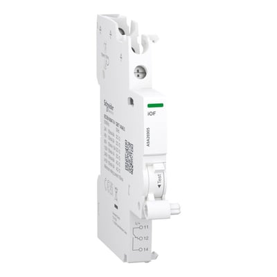 Nærbillede af Schneider Electric Acti9 iOF signal kontakt, der viser enhedens modelnummer og tekniske specifikationer på mærket.