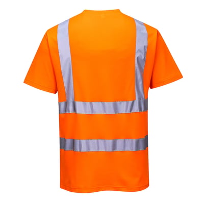 Portwest T-shirt S170 High-Vis orange i str. L, vist bagfra med reflekterende stropper på skuldre og krop.
