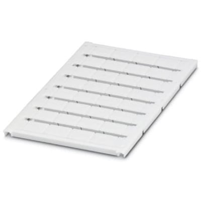 Nærbillede af Phoenix Contact Uc-tm 16 mærkeskilte, viser de enkelte hvide mærkestrømmer og clips-designet.