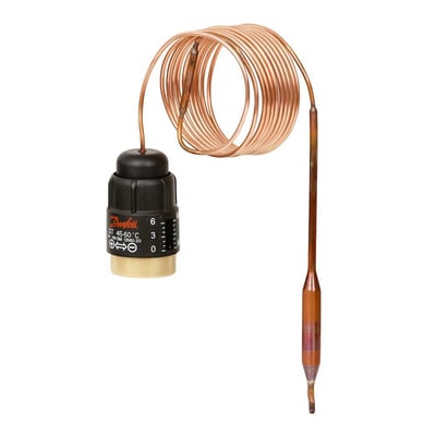 Danfoss QT føler til DN 10-20 ventiler, viser temperaturområdet 45-60 grader og 200 cm impulsledning.