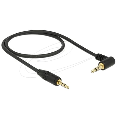 Sort DeLock stereo-jackkabel på 0,5 meter med 3,5 mm vinklede hanstik i begge ender, vist samlet.