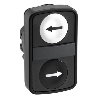 Schneider Electric ZB5 dobbelt trykknaphoved med pil venstre/højre symboler, sort/hvid, 22mm diameter og fjederretur.