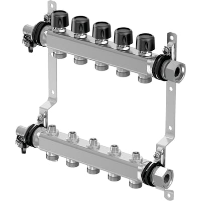Set fra siden: Uponor Vario S fordelerrørsæt med 8 kredse, der viser tilslutningerne og rustfri ståldesign med sorte justeringshåndtag.