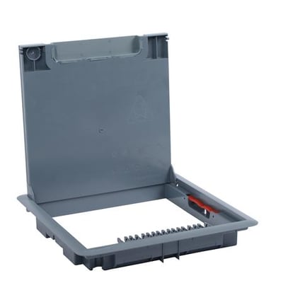 Åbent Legrand gulvboks låg i grå plast, der viser den indvendige mekanisme og rammen med plads til 16/24 moduler, med en orange løftearm.