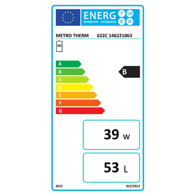 Energimærket for Metro Therm type 622C combivandvarmer viser energiklasse B og beholdervolumen på 53 liter.