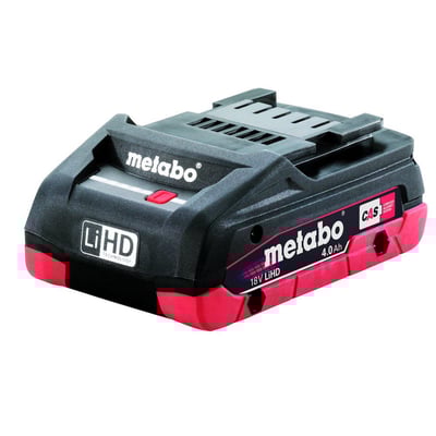 Metabo LiHD 18V 4.0Ah batteri med synlige kontakter og kølefinner på toppen, placeret på en neutral baggrund.