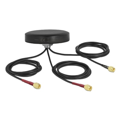 Sort DeLock LTE MIMO dualband-WLAN-antenne med rund base og tre tilslutningskabler med stik.
