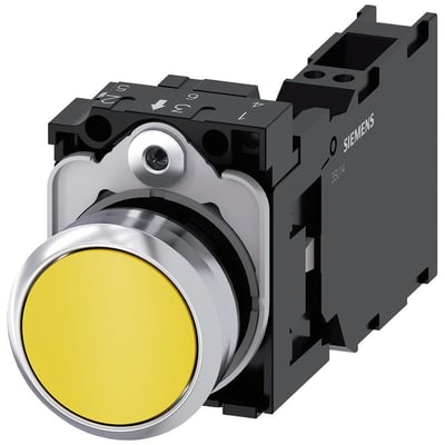 Siemens 22mm trykknap i gul metal med skinnende ramme, visende fjederterminal og kontaktmodul.