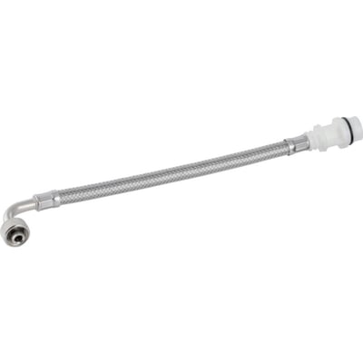 En Geberit panserslange i 15 cm længde, vist fra siden med fokus på metalflet og hvid plastfitting.