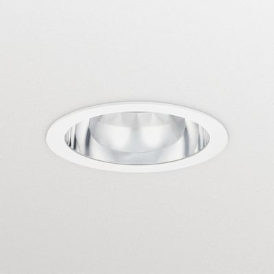 Philips GreenSpace Downlight DN470B, et hvidt 200mm polycarbonat indbygningsspot, monteret i et hvidt loftpanel med reflekterende inderside.
