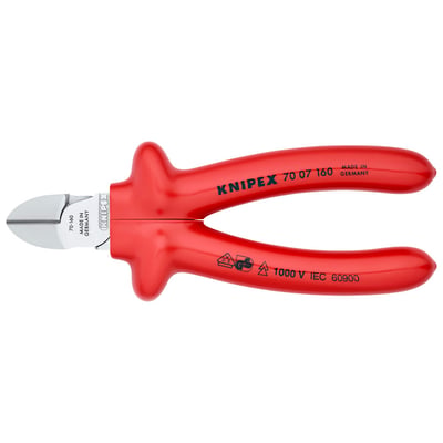 Detaljeret vinkel af Knipex L-AUS bidetang 160 mm i rød, der viser dens slanke hovedform og skær.