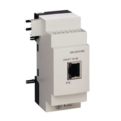 Schneider Electric Zelio Ethernet kommunikationsmodul SR3 NET01BD med en standard Ethernet RJ45 port, monteret på din skinne.