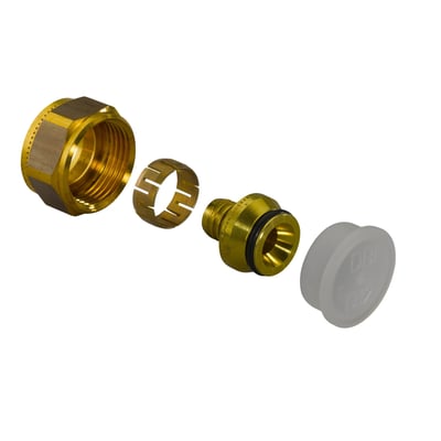 Uponor Uni-X koblingssæt MLC med 16mm messingkomponenter, 3/4" Eurokonus og afdækningsprop på hvid baggrund.