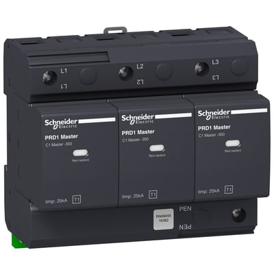 Schneider Electric Overspændingsafledning PRD1 Master 3P, en type 1 beskytter med tre moduler mærket L1, L2 og L3.