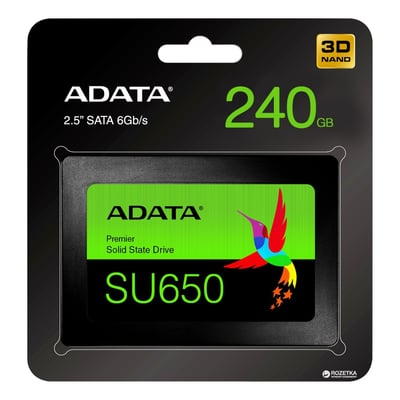 ADATA Ultimate SU650 SSD på 240 GB ses i sort emballage med drevets grønne etiket synlig.