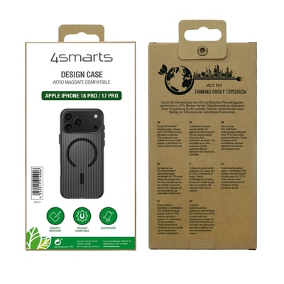 Emballagen til det sorte 4smarts Design Case Aero-cover viser coverets rillede bagside og passer til iPhone 18 Pro og 17 Pro.