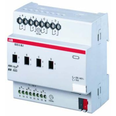 ABB KNX kontakt-/dæmpningsmodul, 4-kanal, model SD/S 4.16.1, med 16A relæer og 1-10V interface.