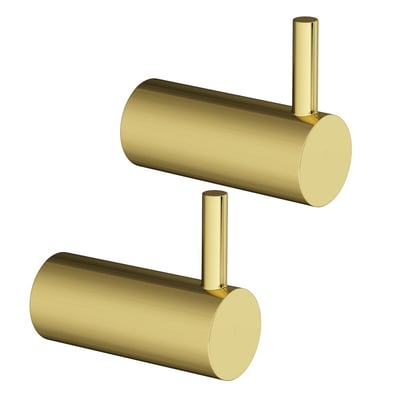 To Lavabo Luna håndklædekroge i blank messing med et cylindrisk design og en tynd krog, der stikker op.